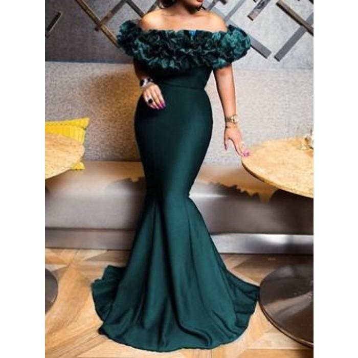 Batch Spring New Elastic Knitted Belt anti-European and American Women's Clothing Lotus Leaf One-word Shoulder Small Trailing Long Dress Dress