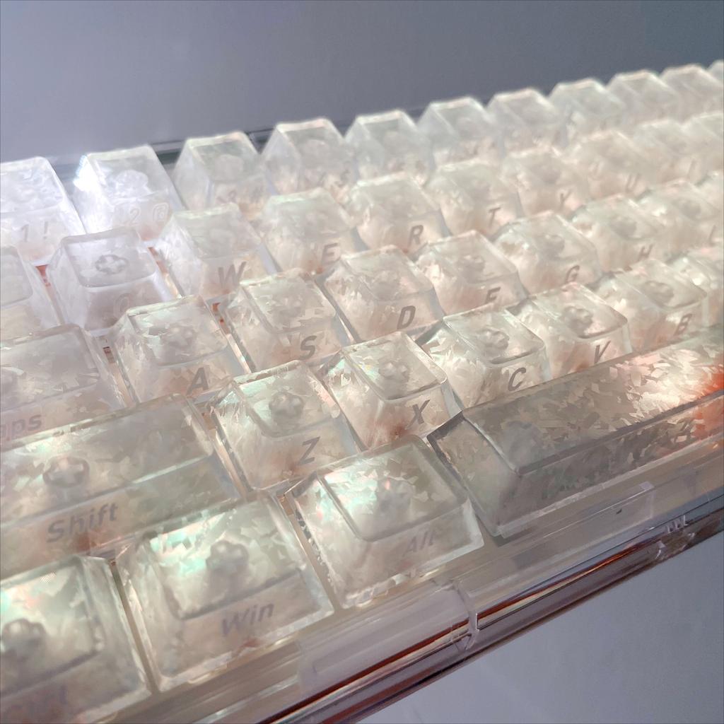 White Snowflakes Key Caps Imitation Carbon Fiber Side Printed PBT Transparent Keycap for Mechanical Keyboard 68 75 87 95 108