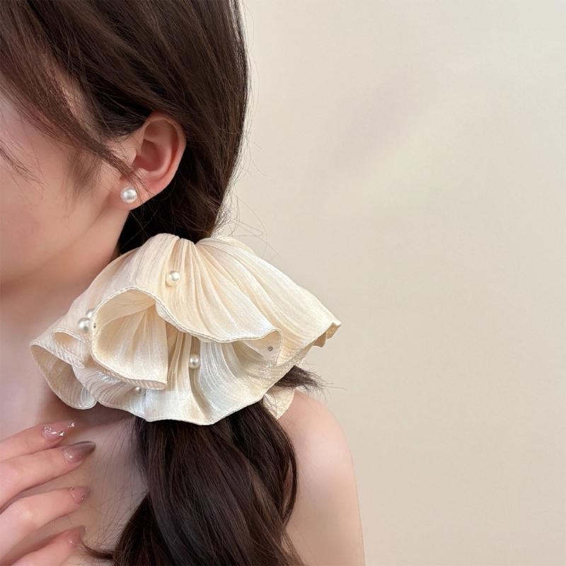 Übergroße Haargummis mit plissiertem Mesh und Perlendetail, Zopfgummi, modische Haaraccessoires für den täglichen Gebrauch