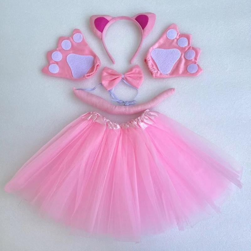 Cats Costume Set Includes Cats Tail Headband Bowtie Glove Skirt Halloween Catgirl Dress up Outfit for Kid Women Cosplay