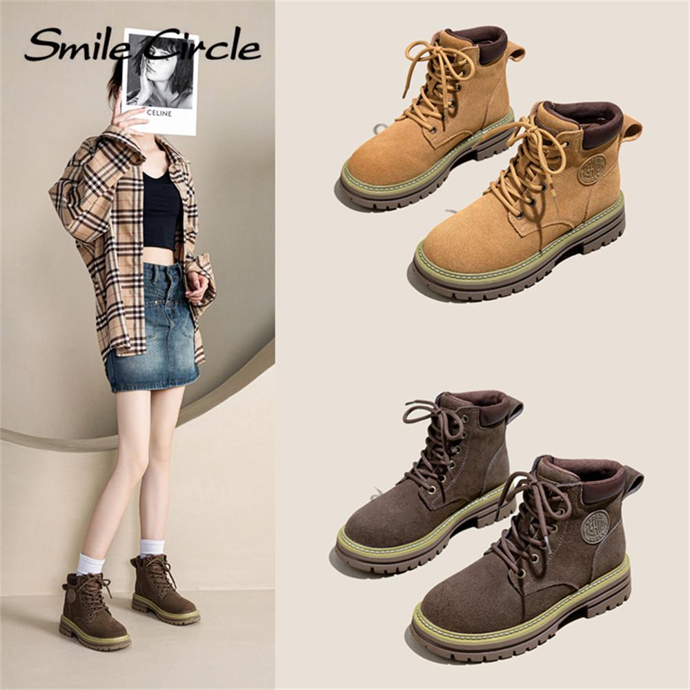 Natural Suede Women Boots Soft Sole Lace-up Thick Boots Fashion Casual Work Boots