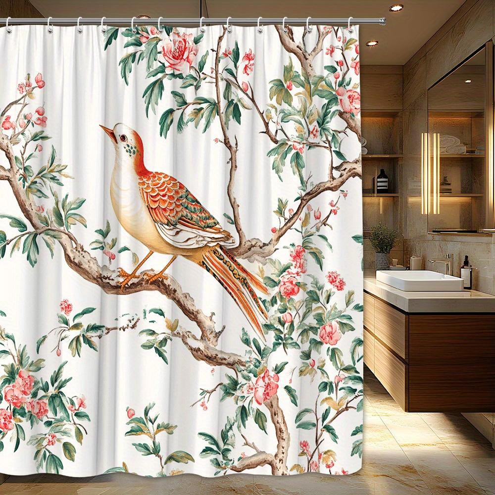 

1pc Vibrant Orange-Breasted Bird Shower Curtain, Polyester Fabric, Traditional Chinese Art Style, with Intricate Feathers, Pink 90x180cm