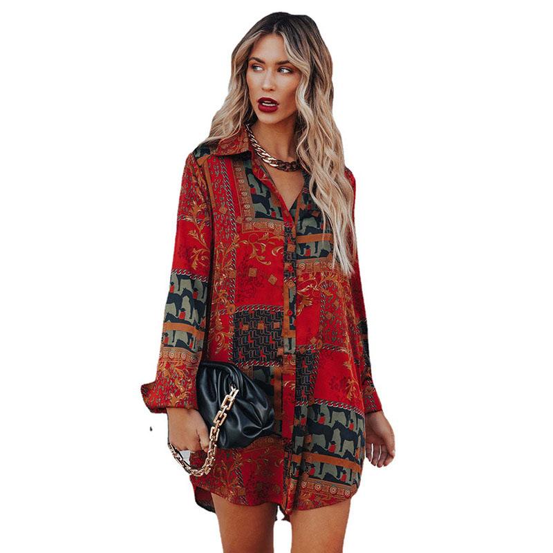 

Женская мода с длинным рукавом, рубашка в стиле ретро с принтом, блузка, топ XL красный