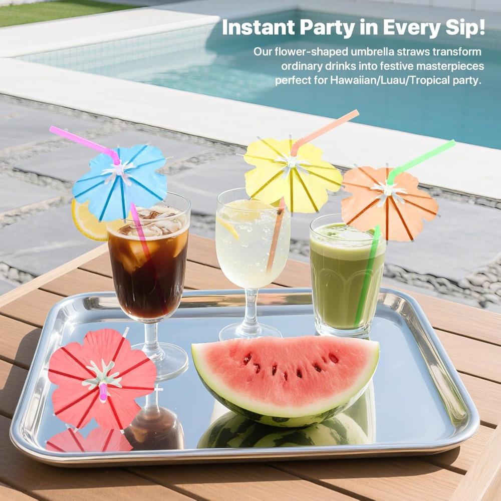 50pcs Fun Umbrella Drink Straws Tropical Cocktail Straws with Mini Umbrella Tiki & Hawaiian Party Decorations Colorful Parasol Straw