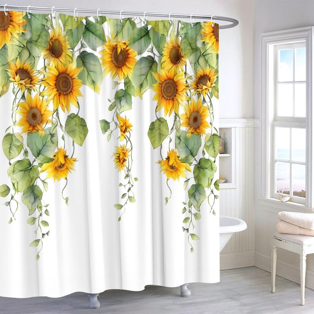 Watercolour Sunflower Shower Curtain Eucalyptus Leaf Butterfly Flower Cloth Bath Curtains Autumn Rustic Botanical Bathroom Decor