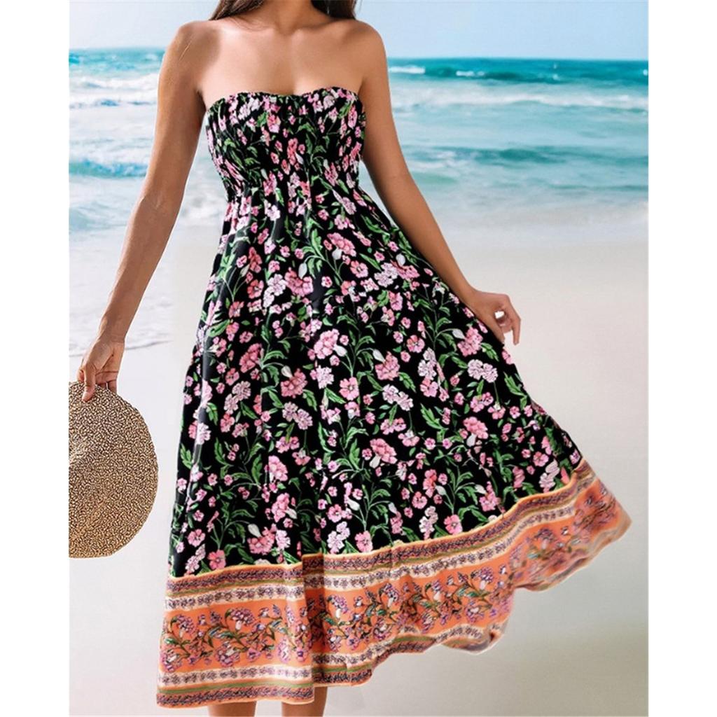 Sommer Neu Böhmischer Urlaubsstil Mehrfarbiger Druck Süßes Bustierkleid Große Schwingkleider für Frauen