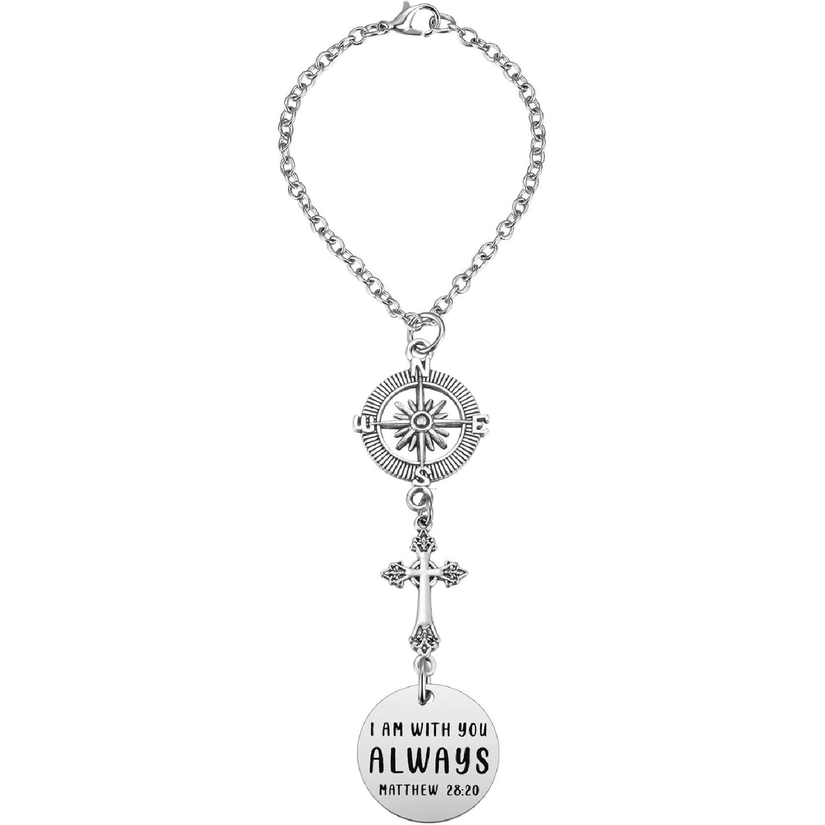 Cross Car Charm -  I Am With You Always  Matthew 28:20 - Rear View Mirror Religious Gift for Women - Easter, Christian, Protection
