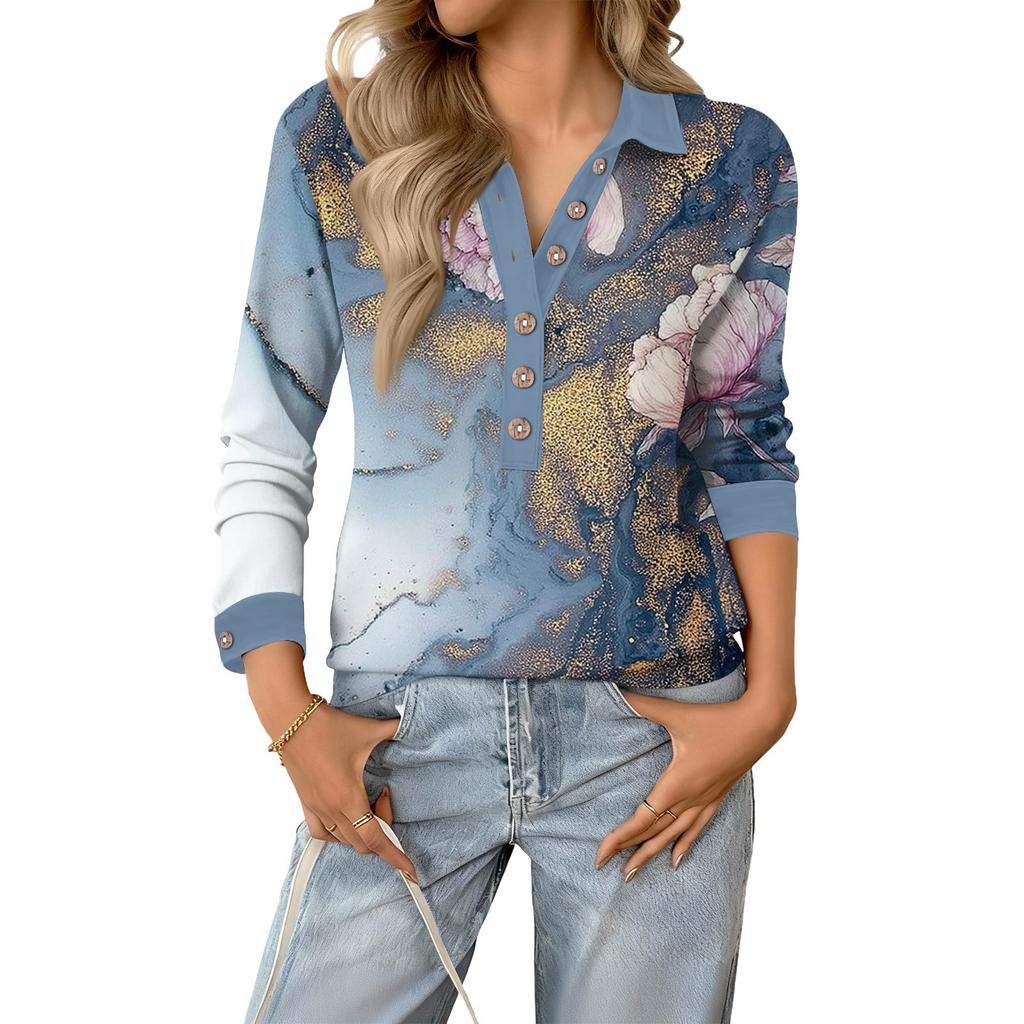 Damen Retro Street Lässiges V-Ausschnitt Langarm Knopf Floral Print Pullover Top