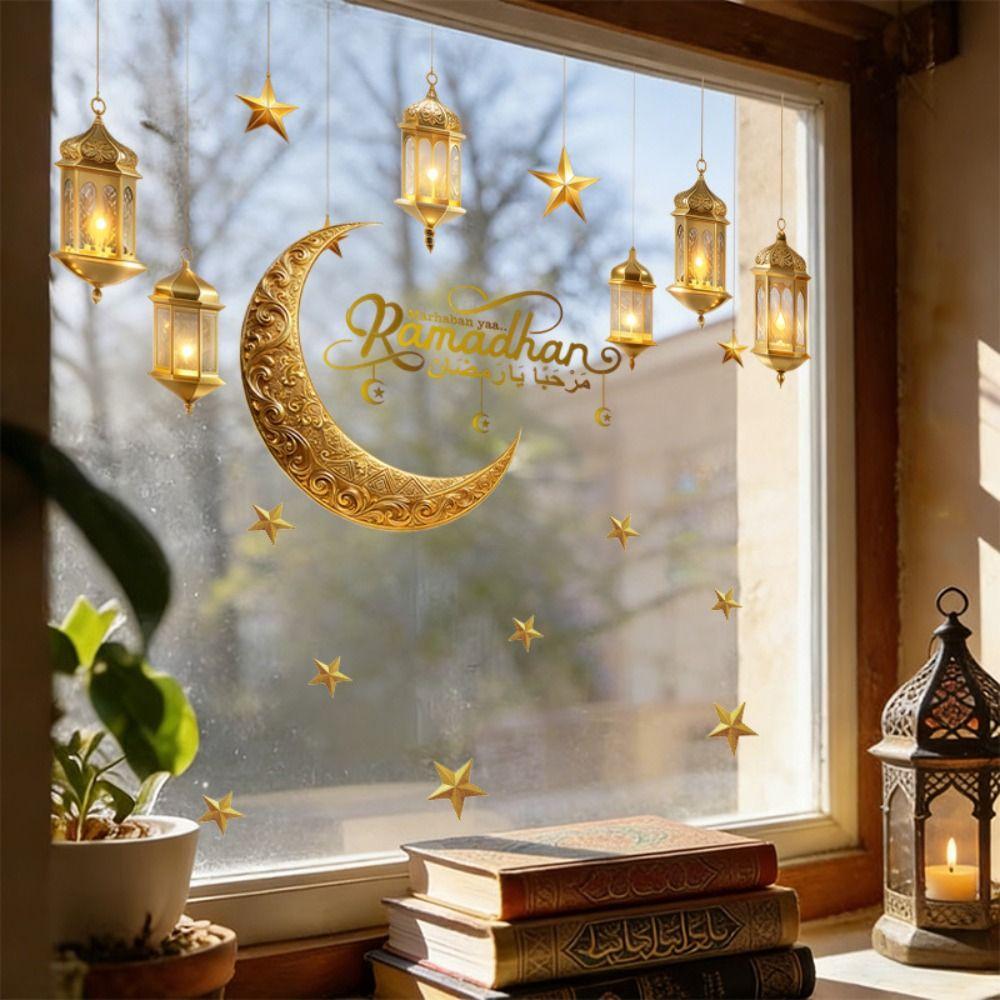 Eid Mubarak Ramadan Wall Decor Stickers Lantern Moon Star Transparent Static Cling Sticker Removable Gold-Vermeil Finish