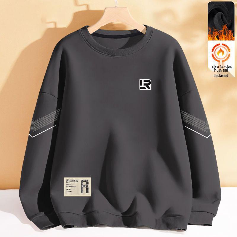 Men's Versatile Long Sleeve Pullover: Round Neck, Loose Fit, Plus Velvet, No Hood, Autumn/Winter Youth Jacket.