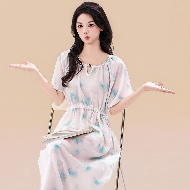 Korean Floral Lyocell-Cotton Silk Nightgown with Drawstring Waist and Short Sleeves