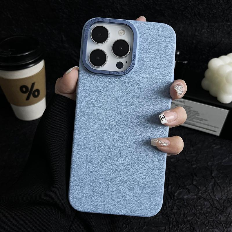 Matte Titanium gray Lichee leather pattern phone case for iPhone 16 15 14 13 12 11 Pro Max metal lens frame shockproof hard case
