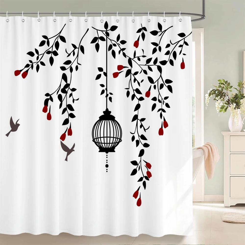 Nordic Minimalist Art Printing Shower Curtain, Waterproof Fabric Flower And Leaf Bird Pattern Bathroom Curtain For Bathtub Decor