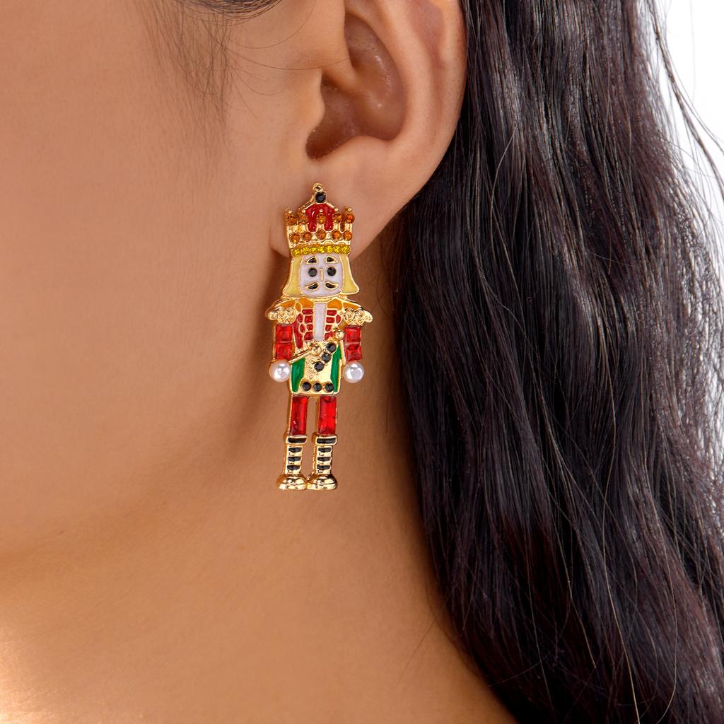 Christmas Personality Soldier Cartoon Character Crystal Enamel Earrings Stud for Woman New Year Party Earrings Jewelry Gift