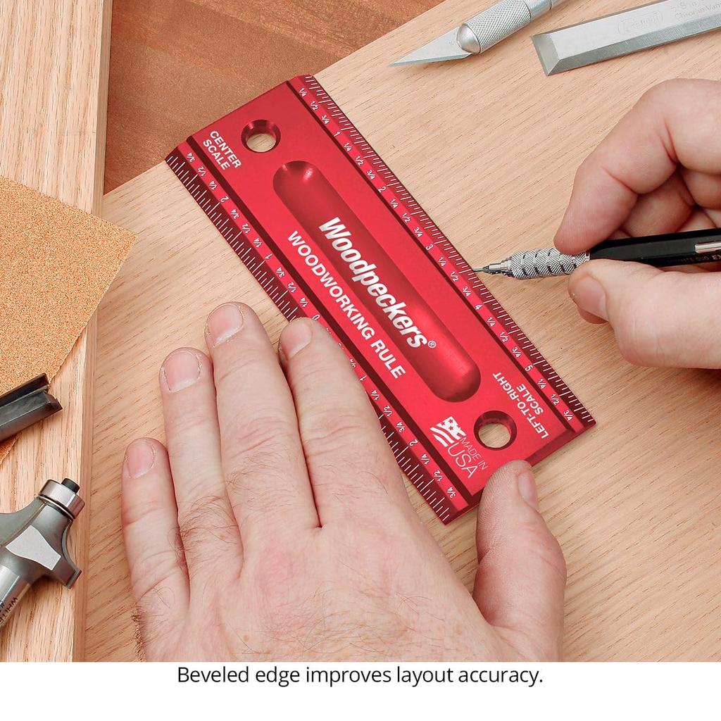 Woodpeckers Woodworking L2R Center Laser Engraved Precision Aluminum Metric Woodworking Ruler with Beveled Edges Rule, 300mm, & Scale, USA-Made