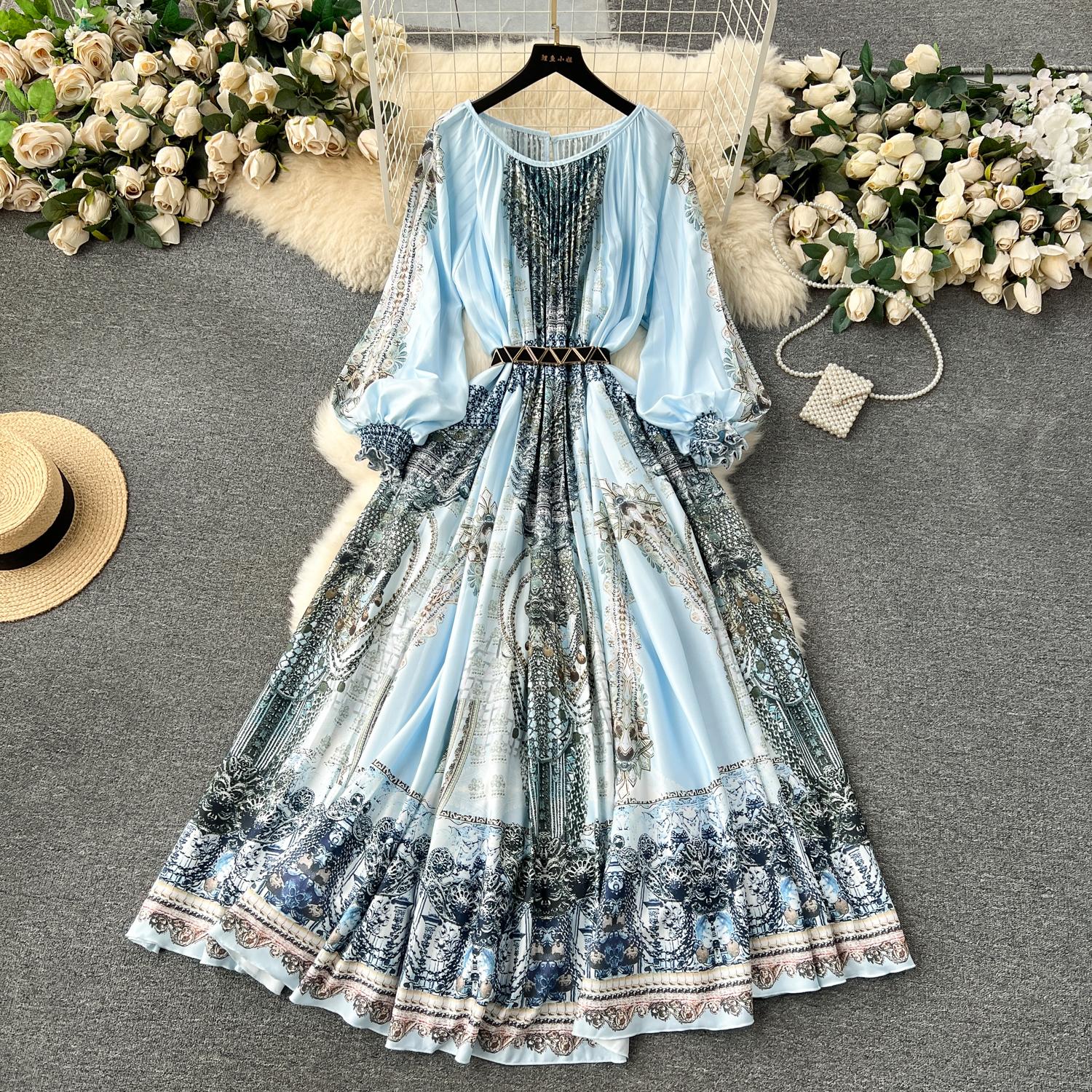 

Плиссированное О-образное воротничковое длинное платье для женщин, осеннее праздничное длинное платье с рукавами-фонариками, свободное платье с принтом, свободные платья One Size