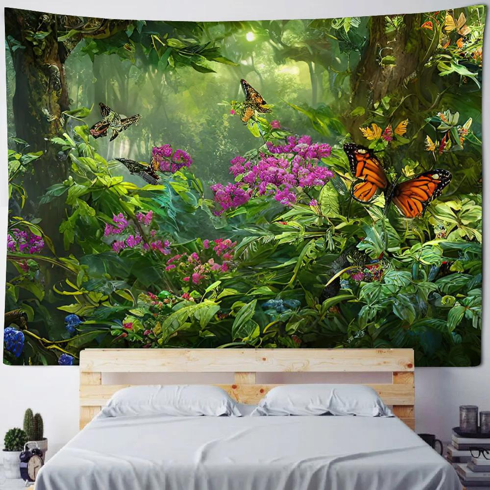 Green jungle tapestry, psychedelic castle home decoration wall hanging, Bohemian living room background cloth poster, sofa cover