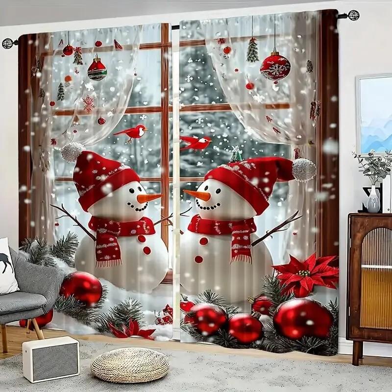 JIT 2pcs Festive Snowman Printed Curtain  Privacy Protection  Polyester  Christmas Window Decor  Home Decor  Rod Pocket Curtain