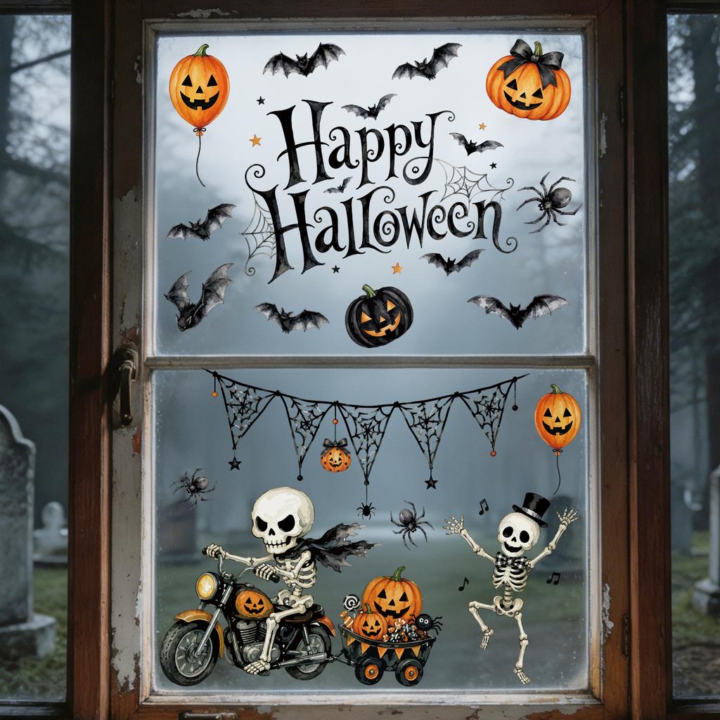 Watercolor Halloween static window sticker Skull ghost pumpkin bat Halloween party window decoration static