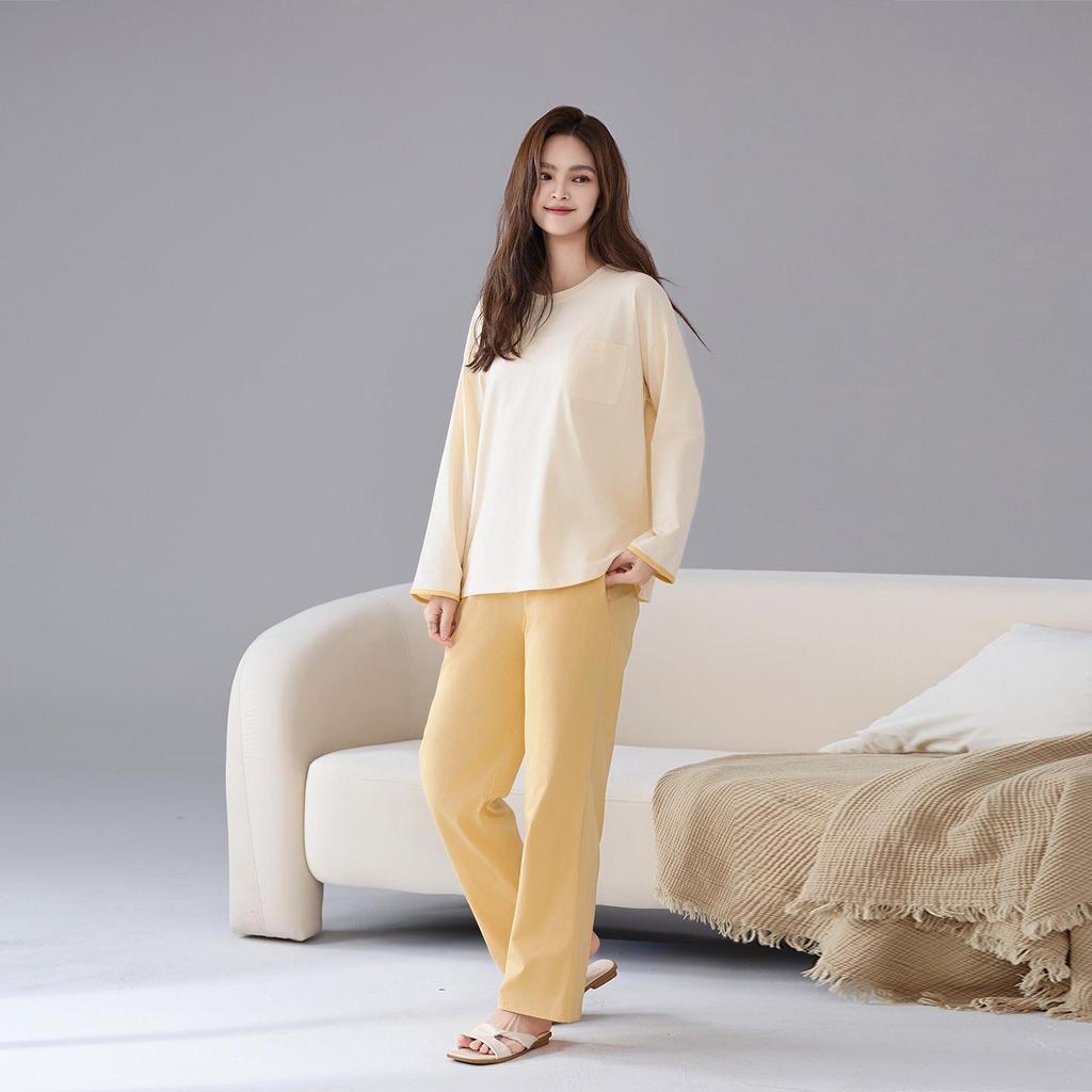 Women's Pure Cotton Pajamas with Chest Pad - Long Sleeve, Plus Size, for Autumn/Winter. Wearable Outdoors, Loose Fit Homewear.