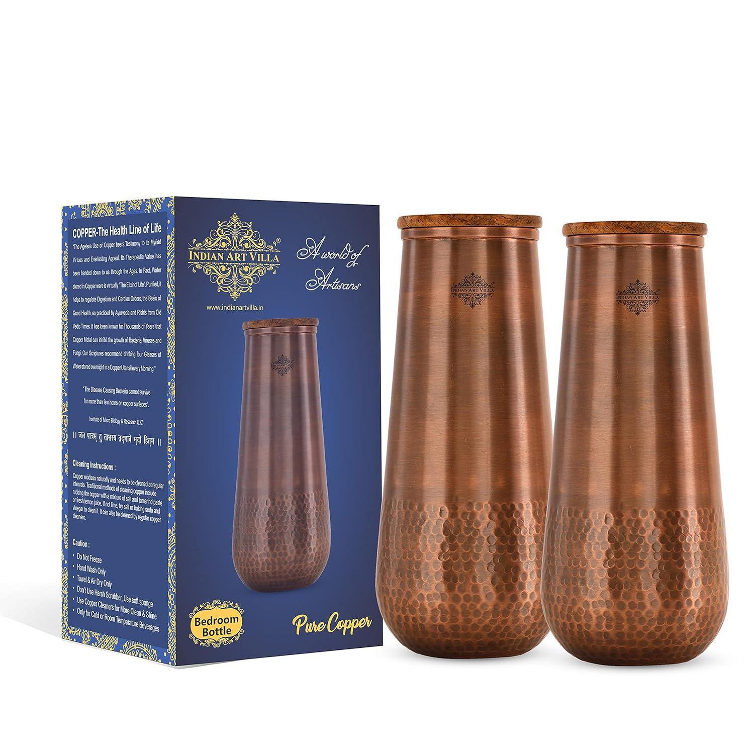 

Pure Copper Bedroom Water Bottle with Wooden Lid, Aqua Vase Design with Bottom Hammered Dark Lacquer Finish - Volume 1300 ml
