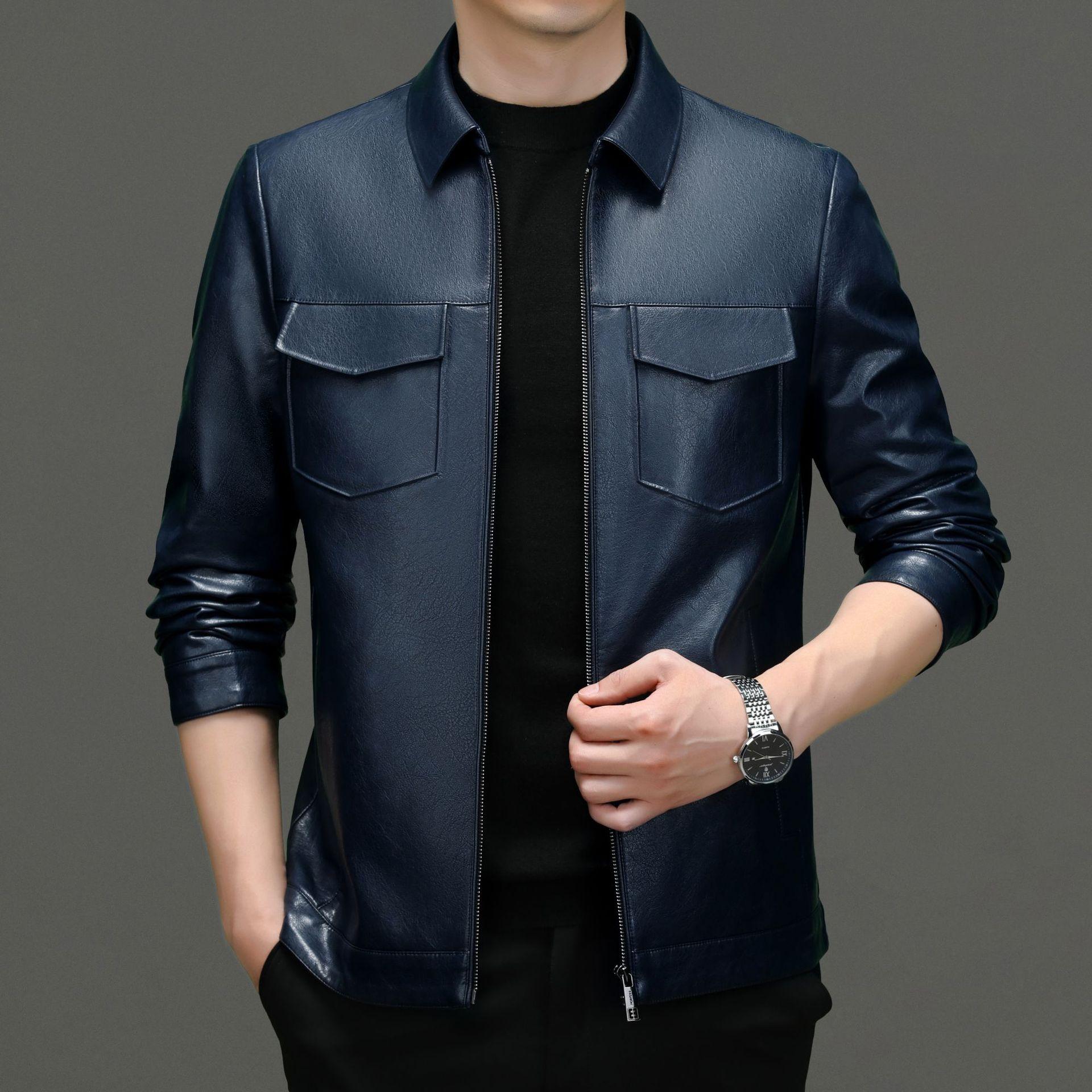 

Новая осенне-зимняя куртка из натуральной кожи, мужская тонкая кожаная куртка с короткими лацканами для молодых и мужчин среднего возраста 4XL