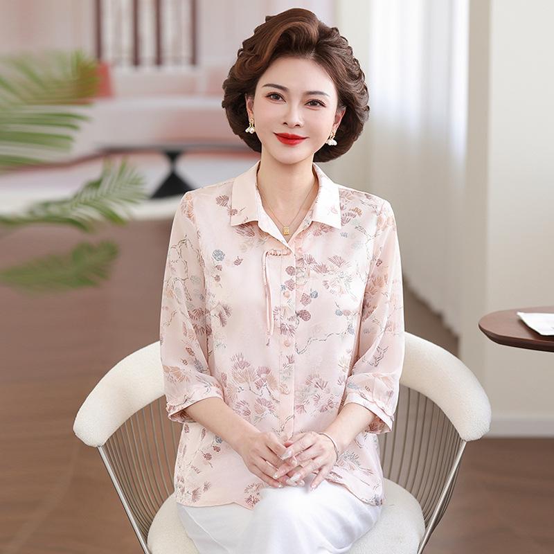 

Chic Summer Chinese Style 3/4 Sleeve Round Neck Chiffon T-Shirt for Stylish Middle-Aged & Elderly Women 5XL (Recommended 135-145 jin)