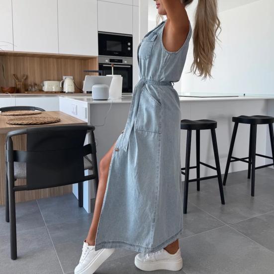 Women Denim Shirt Dress Summer Sleeveless Button Down Maxi Dress with Belt Lapel V Neck Long Jean Dress with Pockets