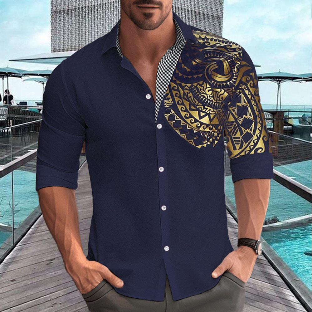 Men's Black Asymmetrical Tribal Print Shirt - Contrast Collar Button-Up Casual Top with Rolled Sleeves