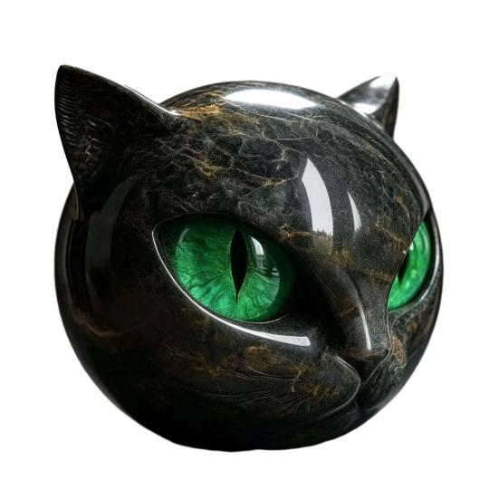 Mysterious Obsidian Style Ornament Spherical Black Cat Head Ornament, Resin Gothic Sculpture with Colorful Lover Gift Eyes for Halloween