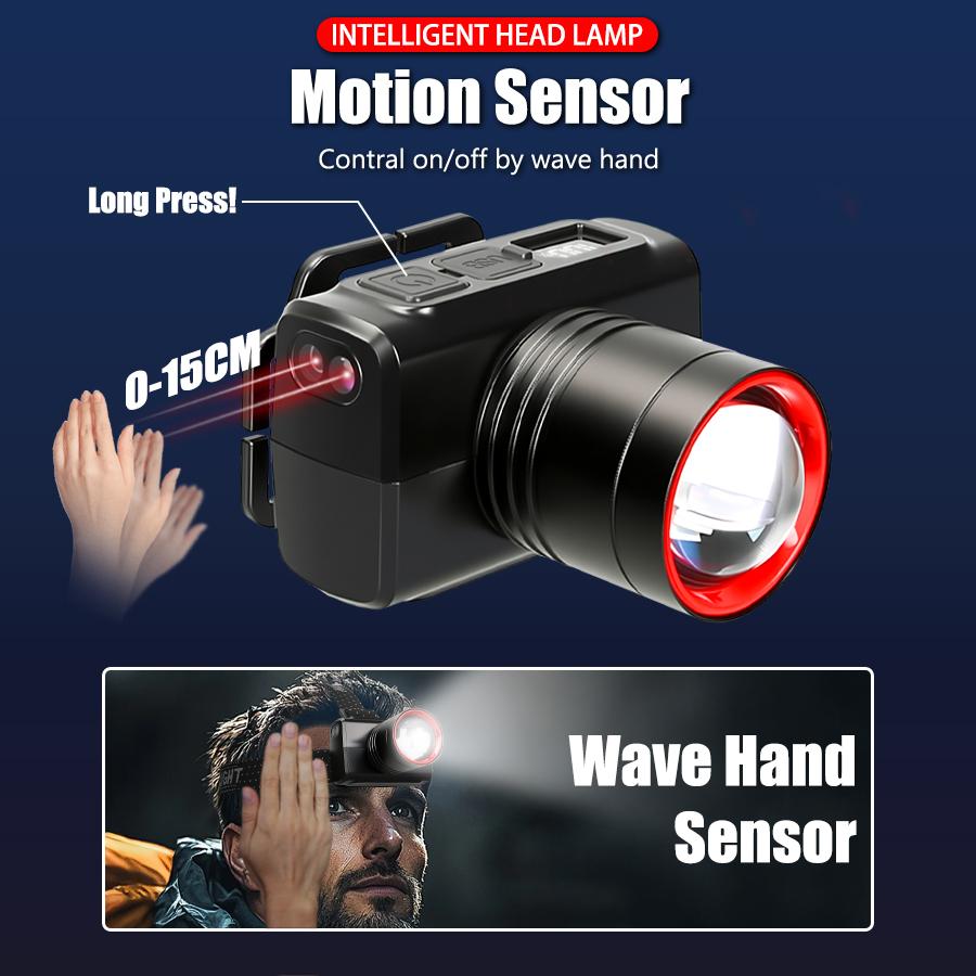 Powerful LED Induction Headlight Type-C Rechargeable Headlamp 4 Light Color 90 ° Adjustment Head Flashlight for Camping Hiking