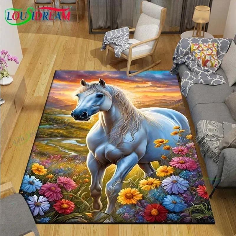 3D Realistic Horse Print Area Rug – Non-Slip Large Carpet for Living Room or Kids Bedroom – Artistic Home Decor Floor Mat