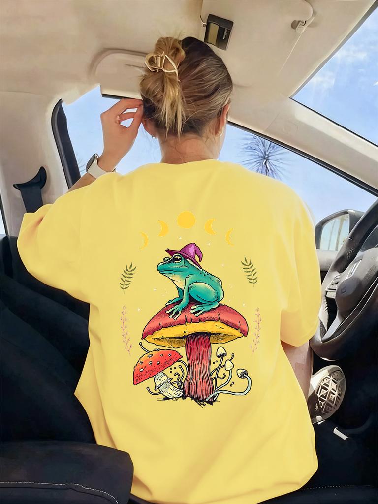 Goblincore Froschmagier auf Pilz Drucke T-Shirts Damen Sommer Kurzarm Tops Weiche T-Shirts Basics Locker Damen Streetwear