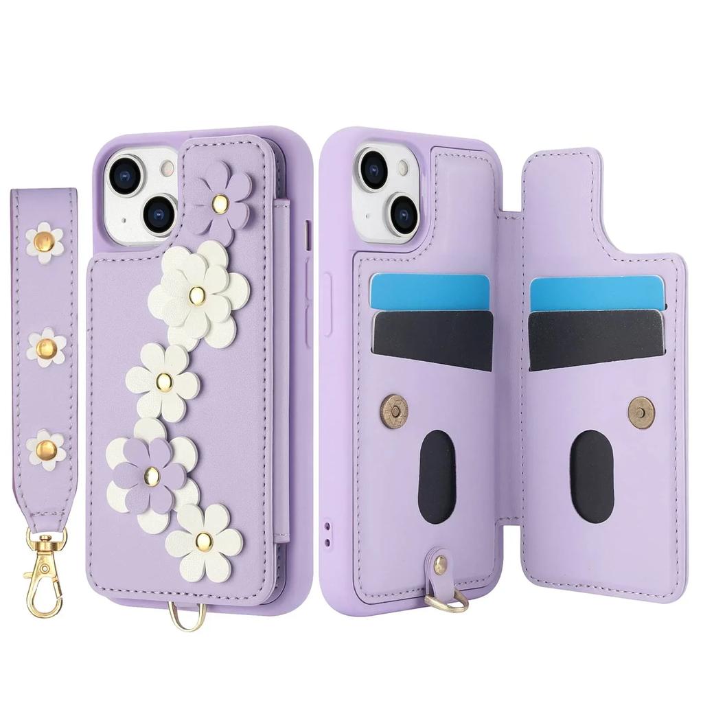 For iPhone 13 12 11 Pro Max SE 2026 7 8 Plus X XS XR XS Max Case, Wallet with Card Holder, Cute Flower Design Crossbody Purse