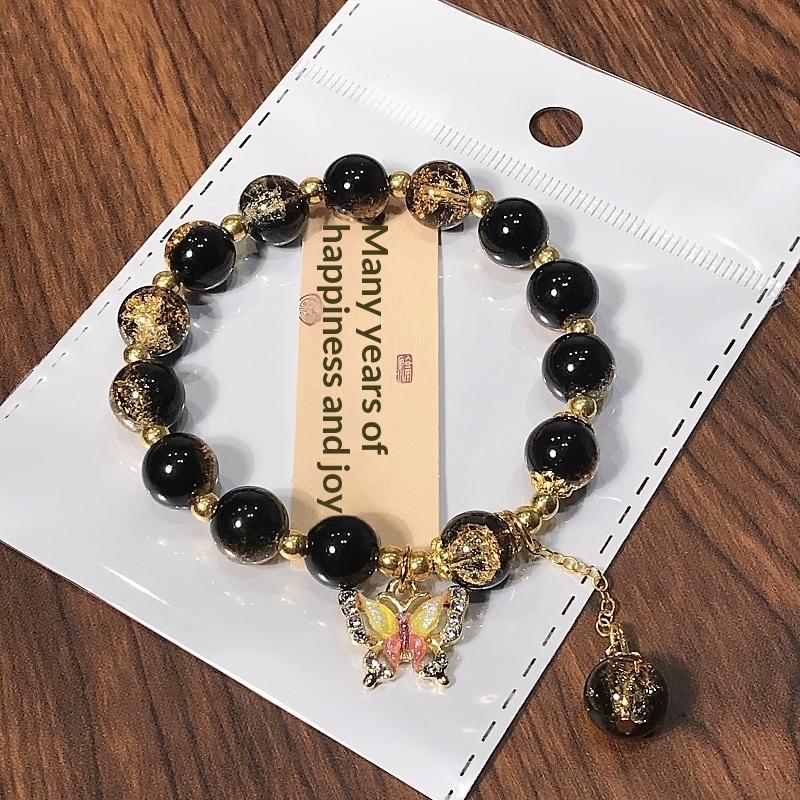 

Black Gold Crystal Bracelet For Women Girls Korean Ins Black Purple Butterfly Tassel Beaded Bracelets Friendship Jewelry Gifts