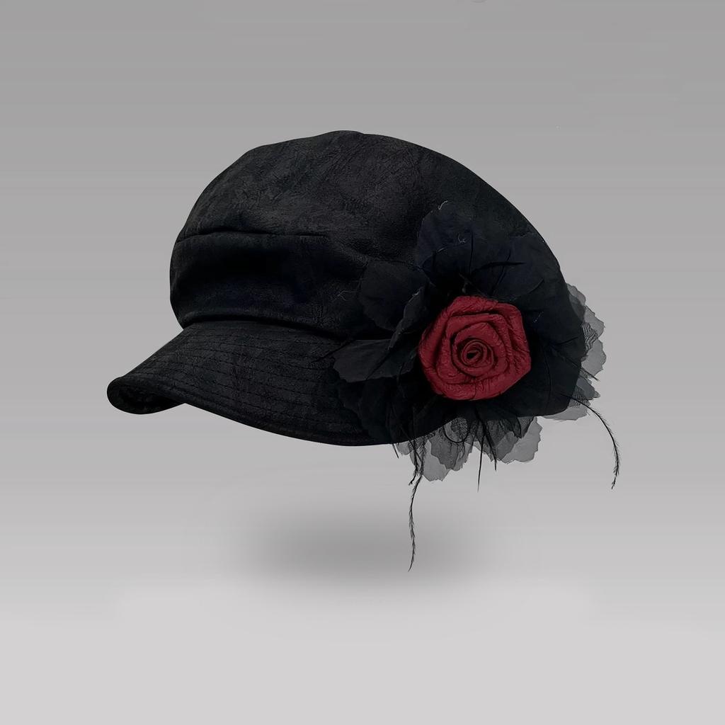 Vintage Niche Flower Pleated Beret Women'S Autumn Maillard Wind Cloud Hat Literary Versatile Octagonal Hat Tide