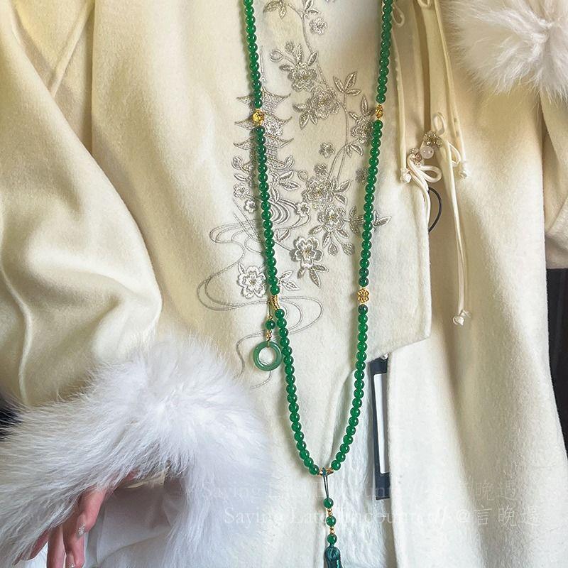 New Chinese Long Green Beaded Necklace Women'S National Style Messenger Chain Retro Temperament A Multi-Wear Sweater Chain Accessories