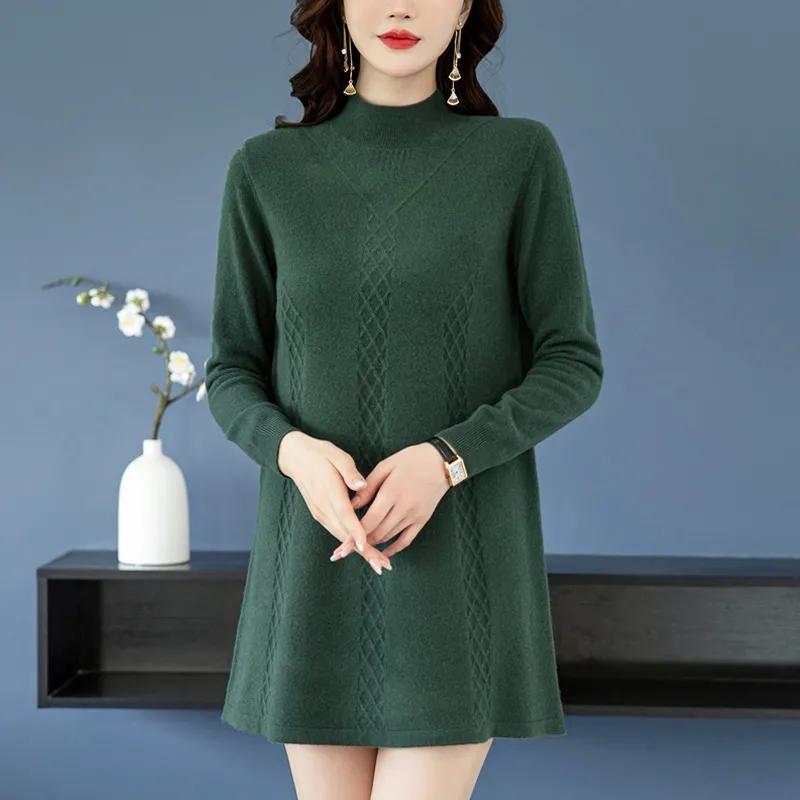 

Осінь-зима Жіночий светр Пуловер Корейський вільний трикотажний светр з довгими рукавами Середньої довжини Светри з низом Жіночий одяг Топ XL зелений