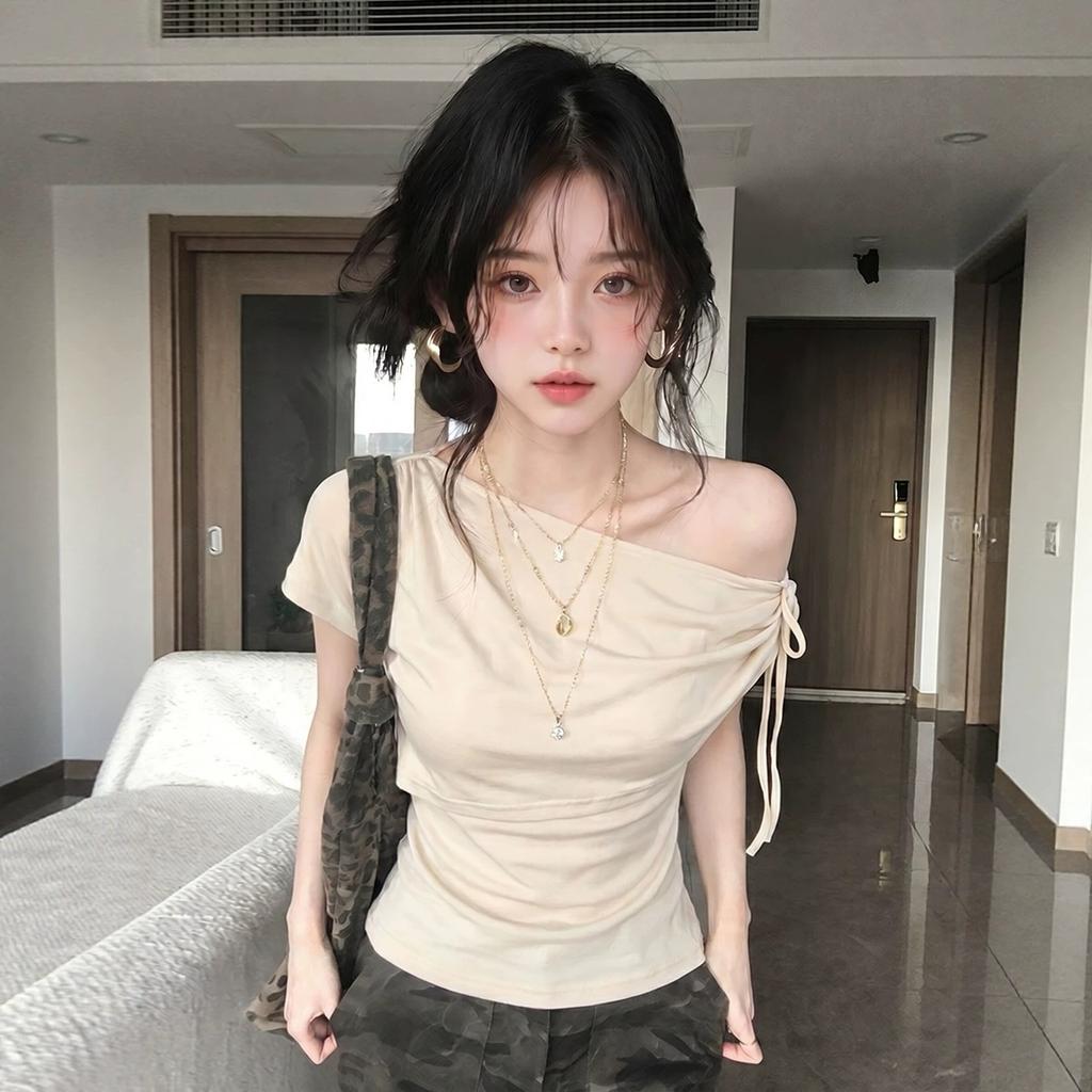 Slant Shoulder Straps Short-sleeved T-shirt Women's Summer Wear Design Off-the-shoulder Tee Irregular Slim Slim-fitting Spice Girl Top