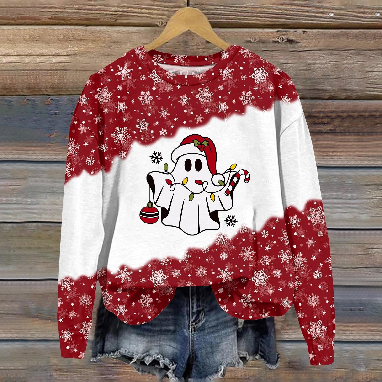 Женская мода рождественский принт длинный рукав свободный круглый вырез толстовка — фото 8