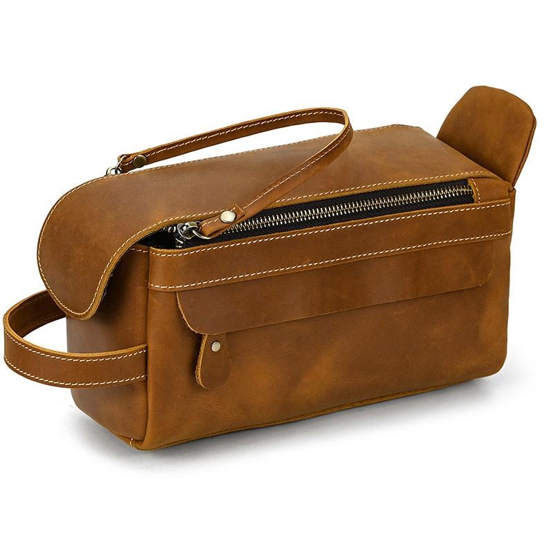 Vintage Full-Grain Leather Toiletry Bag With Zip Multi-Compartment Cosmetic Organizer Travel Daily Use