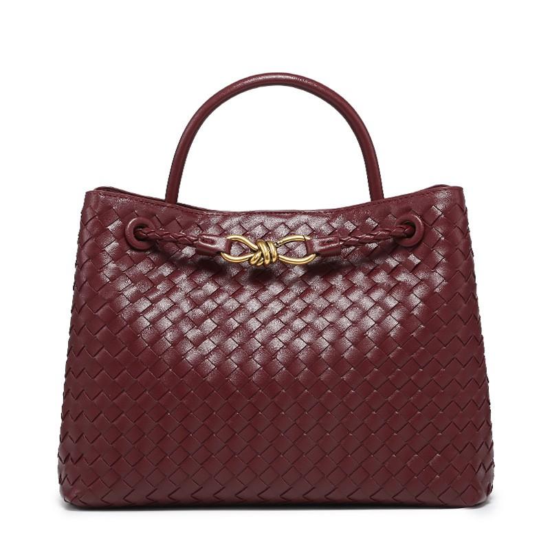 Woven PU Tote Bag With Metal Rope Buckle Large Capacity Shoulder Handbag Women Vintage Style Daily Use