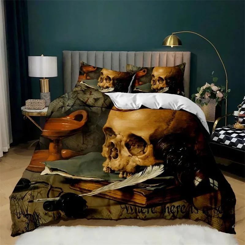 Skul Soft Duvet Cover Set Horible Skeleton Beding Set Bedclothes Halowen Gothic Hor Polyester Comfortable Quilt Cover Double Quen King
