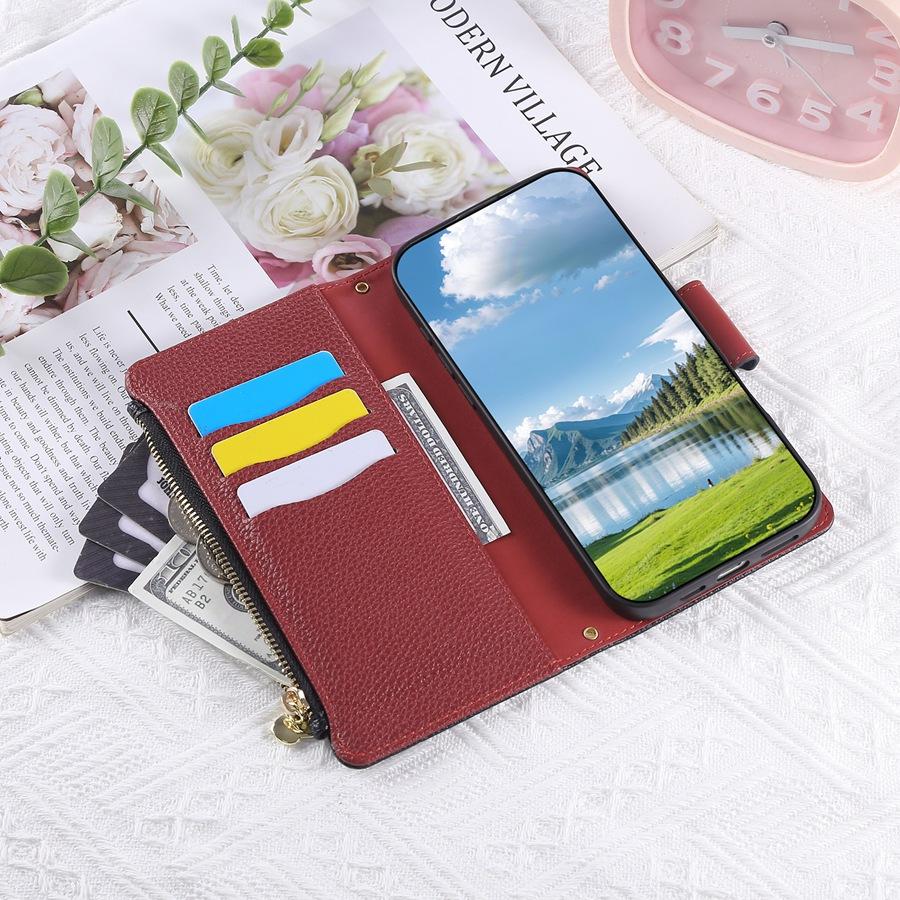 Pentru iPhone Textură Litchi Piele PU Portofel Husă Telefon cu 3 Sloturi pentru Carduri+Buzunar Lateral cu Fermoar+Slot pentru Bani Gheață Șnur Detașabil Huse Telefon Multifuncționale