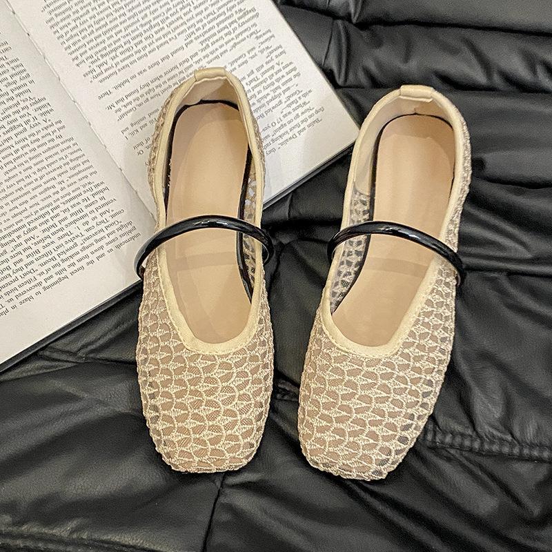 Single Shoes Women's Summer 2025 New Hollow Woven Breathable Fishing Net Gauze Flat Bottom Shallow Mouth French Mary Jane Sandals
