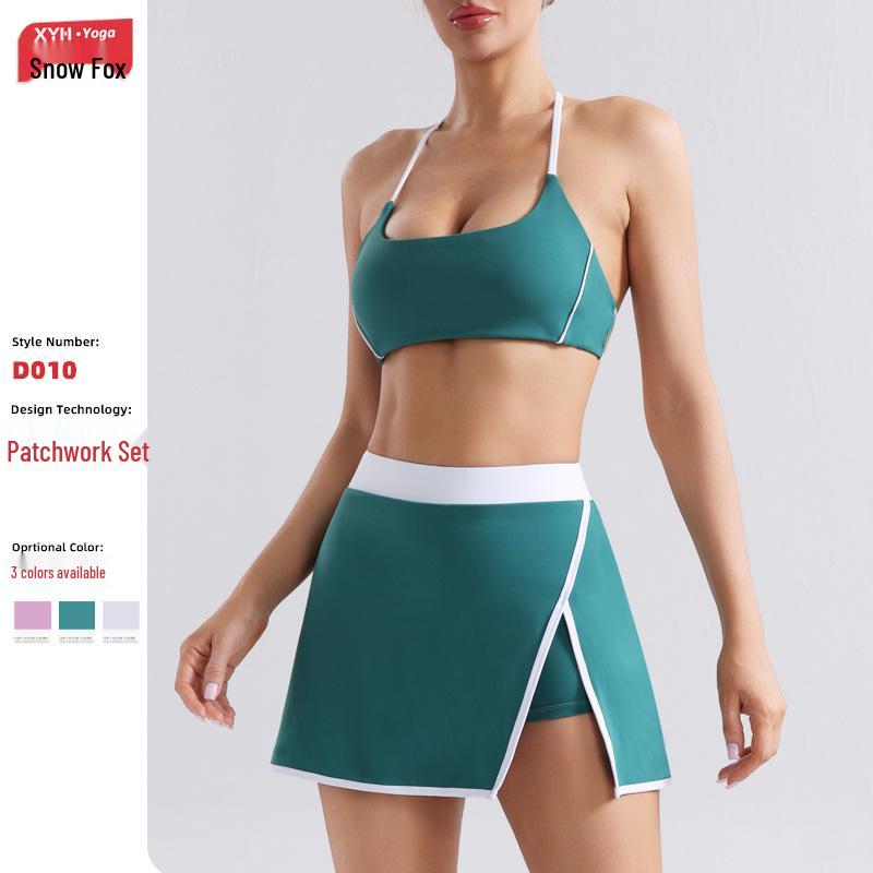 

Nude Feeling Colorblock Yoga Set: Women s Sexy Backless Sports Bra & Tennis Skirt XL