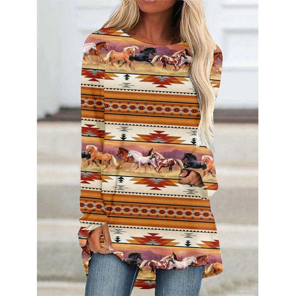Western Aztec Ethnic 3D Print Langermede T-skjorter Bohemian Women Vintage Fashion T-skjorte Oversized Streetwear T-skjorter for kvinner Topper