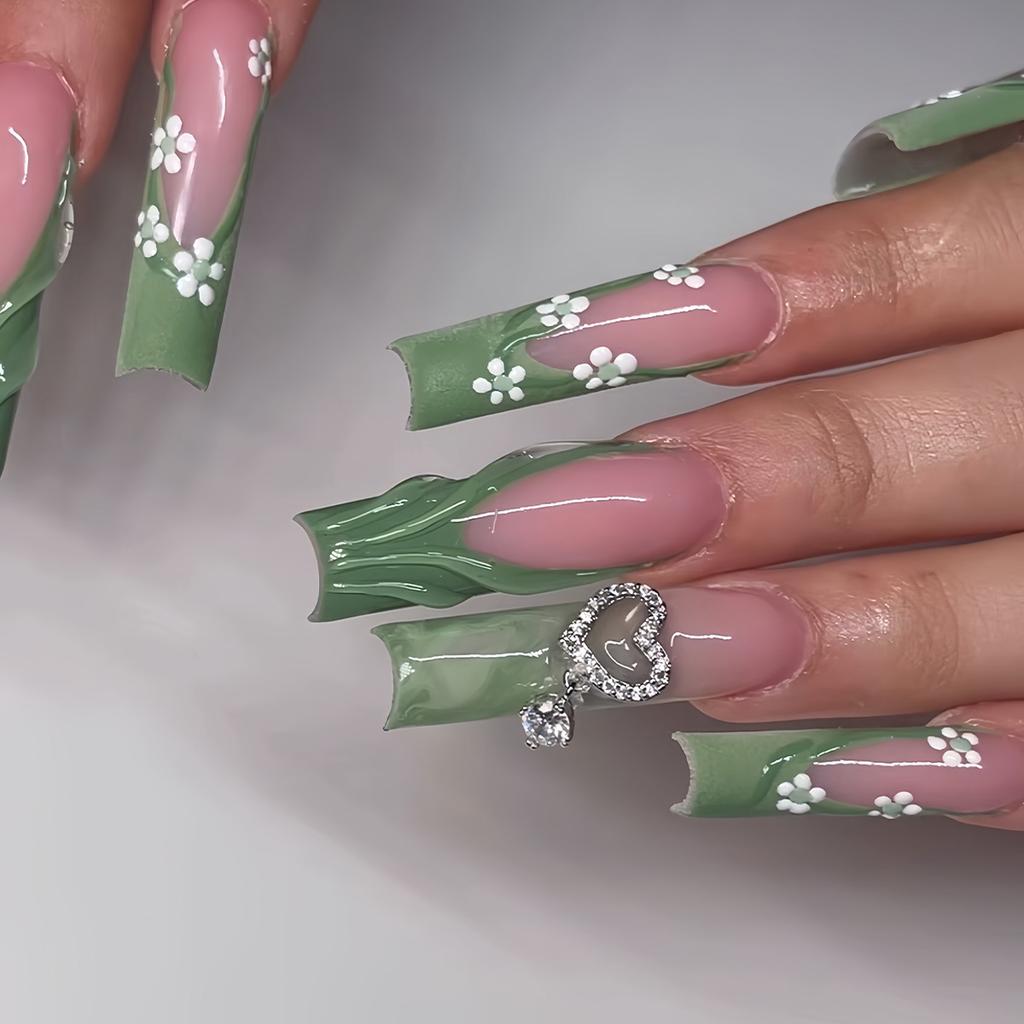 24 Pcs Long Square Press On Nails With Rhinestone Pearl Design White French Full Cover Wearable Fake Nail Tips