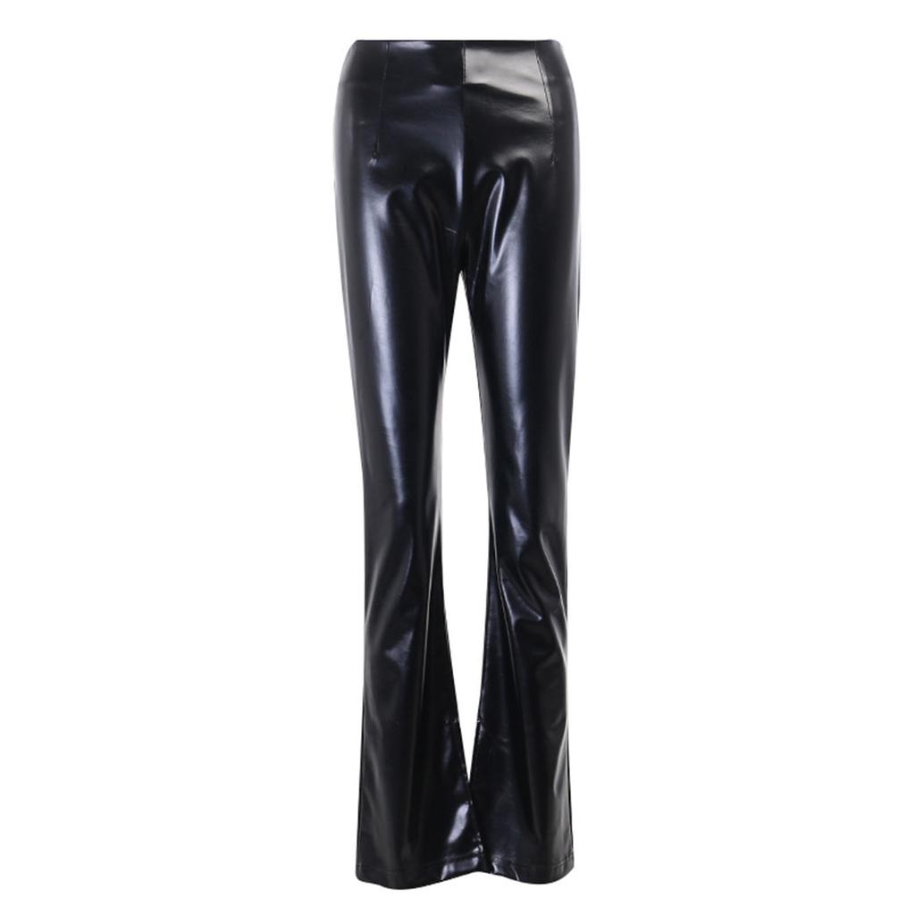 Side Slit Faux Leather Flare Pants 