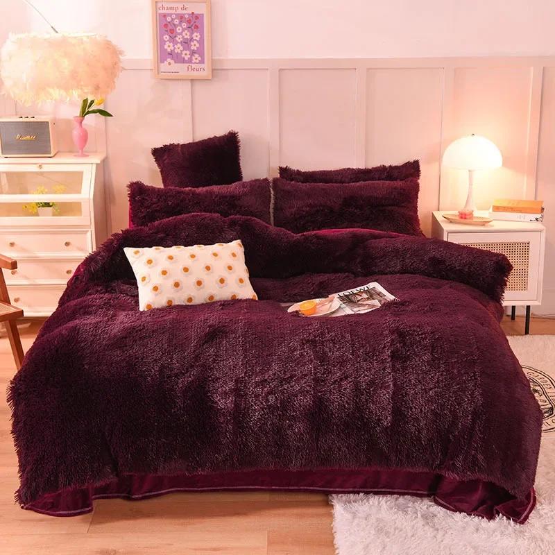 3/4PCS Winter Warm Plush Duvet Cover Pink Mink Velve+fluffy Flannel Quilt Cover Queen King Size Luxury Double Bed Bedding Set
